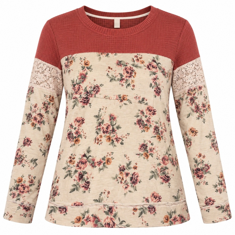 Knox Rose Floral Waffle Knit Top Small Pink Cream Lace Boho Cottagecore